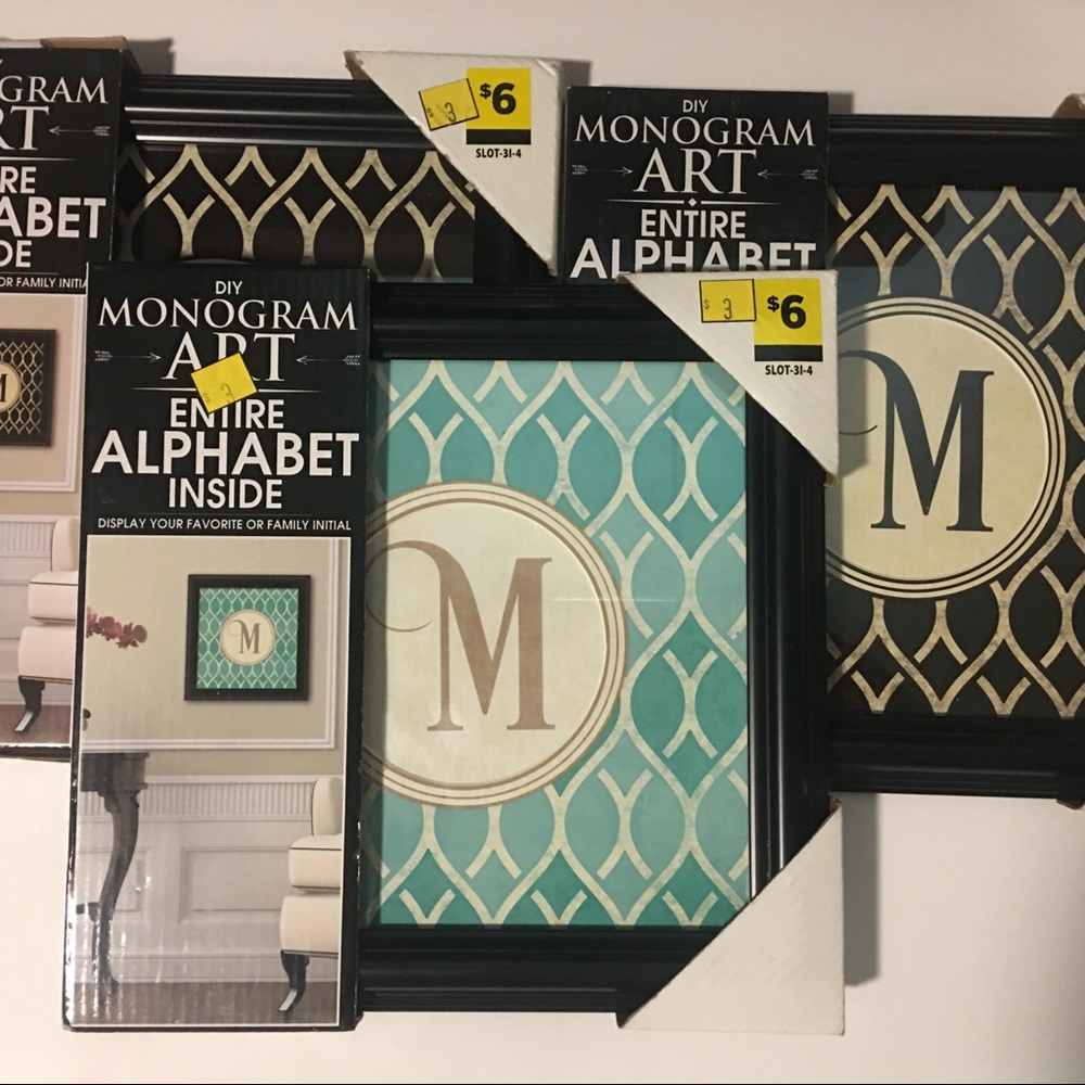 3 Black Frames W/ Glass & Monogram Art